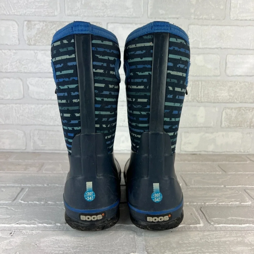Bogs Rain Boots Youth 2 Blue Classic Stripe Waterproof Insulated Mid Calf Winter